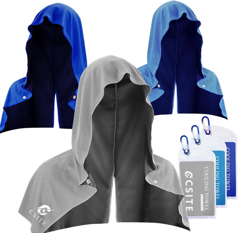 CASITE 3 Pack Cooling Hoodie Towels for Neck and Face, UPF 50 Sun Protection & Instant Cooling, Ice Towels for Hot Weather, Soft Breathable Towel for Sport, Work Out, Gym, Camping & More Activities - Image 1